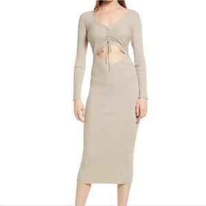 All in Favor Gathered Front Cutout Long Sleeve Rib Midi Dress in Cream